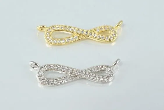 18k Gold Filled Look, Infinity Connector with CZ, Rhodium Micro Pave Bead Charm for Elegant Jewelry Making