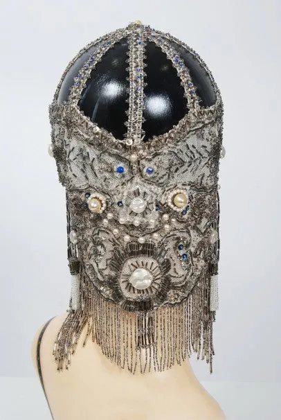 1920's French Couture Deco Pearl Beaded Sequin Fringe Flapper Headpiece