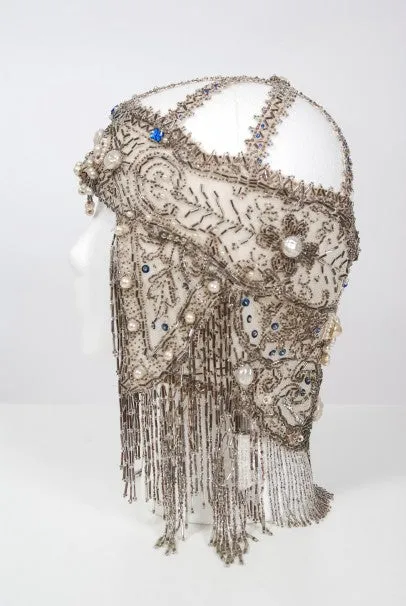 1920's French Couture Deco Pearl Beaded Sequin Fringe Flapper Headpiece