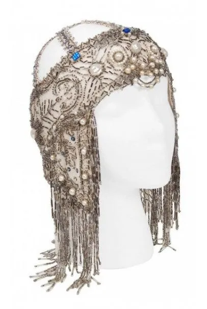 1920's French Couture Deco Pearl Beaded Sequin Fringe Flapper Headpiece