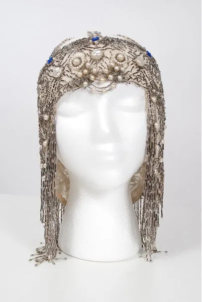 1920's French Couture Deco Pearl Beaded Sequin Fringe Flapper Headpiece