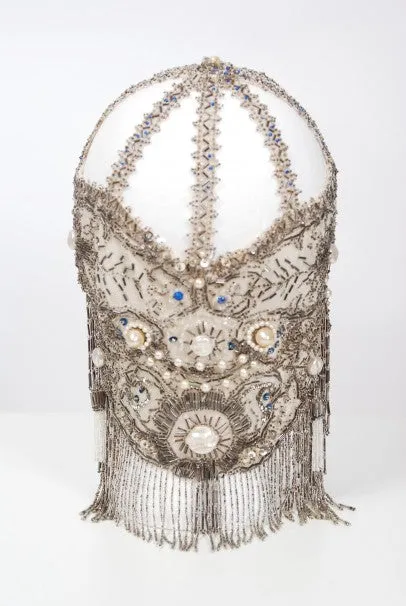 1920's French Couture Deco Pearl Beaded Sequin Fringe Flapper Headpiece