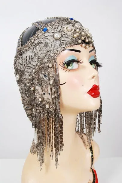 1920's French Couture Deco Pearl Beaded Sequin Fringe Flapper Headpiece