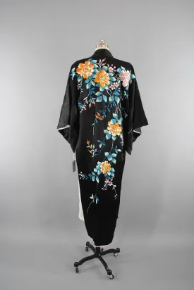 1930s Vintage Black Silk Satin Embroidered Kimono Robe