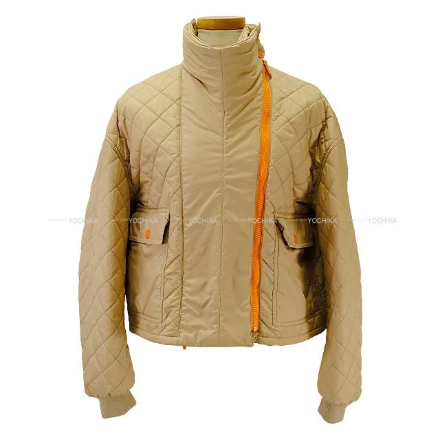 2023 HERMES Blouson Ladies Clou de Selle patch Short Quilting Jacket Beige/Orange Polyester 34 Silver HW[EXCELLENT][Authentic]