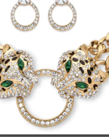 2.72 Cttw. Pave Crystal and Simulated Emerald Goldtone Leopard 3-Piece Set | Green