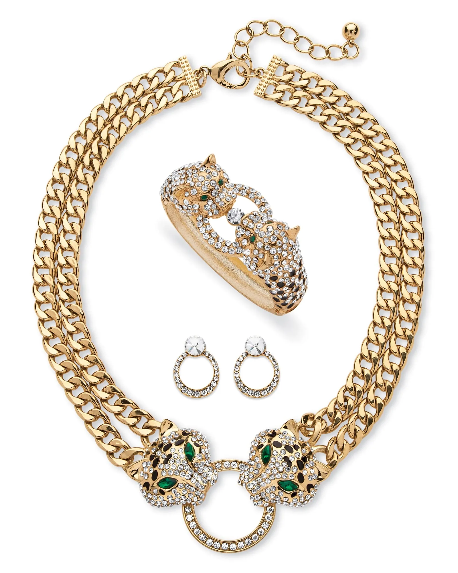 2.72 Cttw. Pave Crystal and Simulated Emerald Goldtone Leopard 3-Piece Set | Green