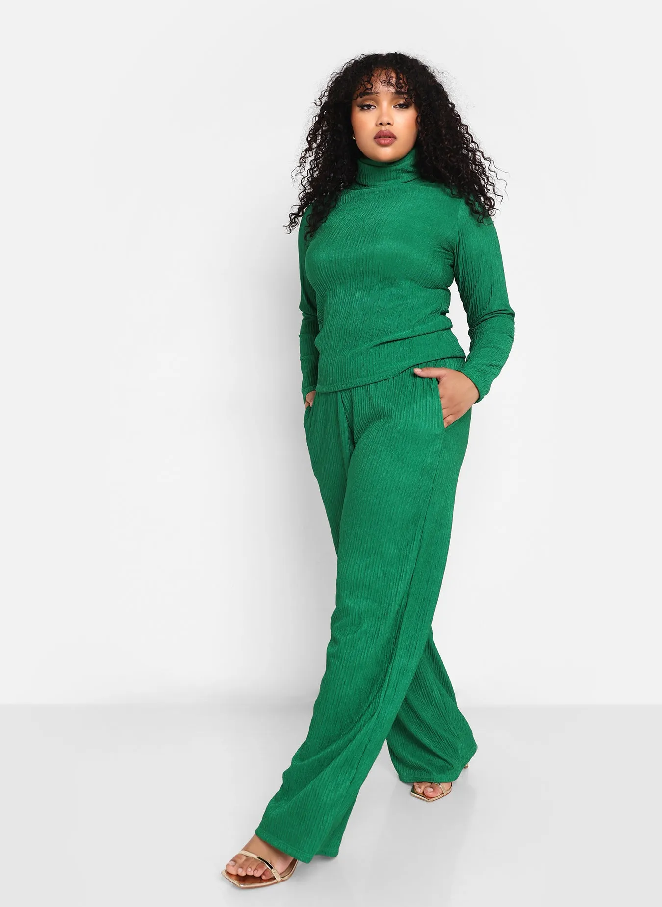 Abby Textured Wide Leg Pants W. Pockets - Forest Green