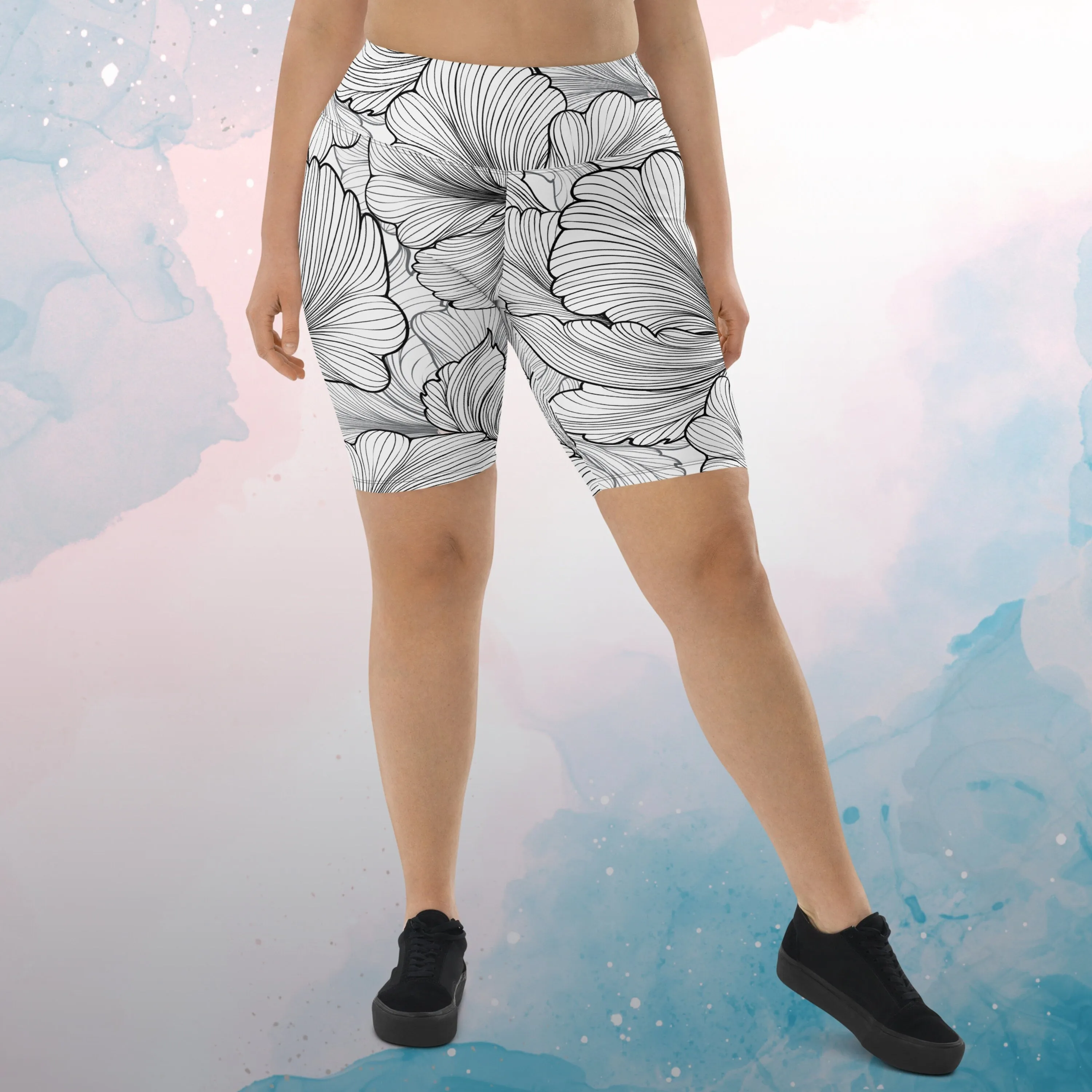 Abstract Lines Floral Pattern Womens Light Weight Long Biker Shorts for Yoga or Swimming