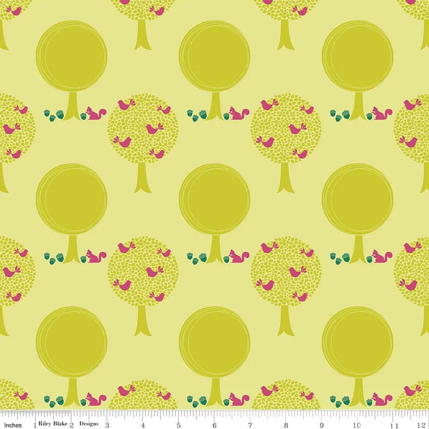 Acorn Valley Forest Citron Cotton Lycra Knit Fabric by Riley Blake