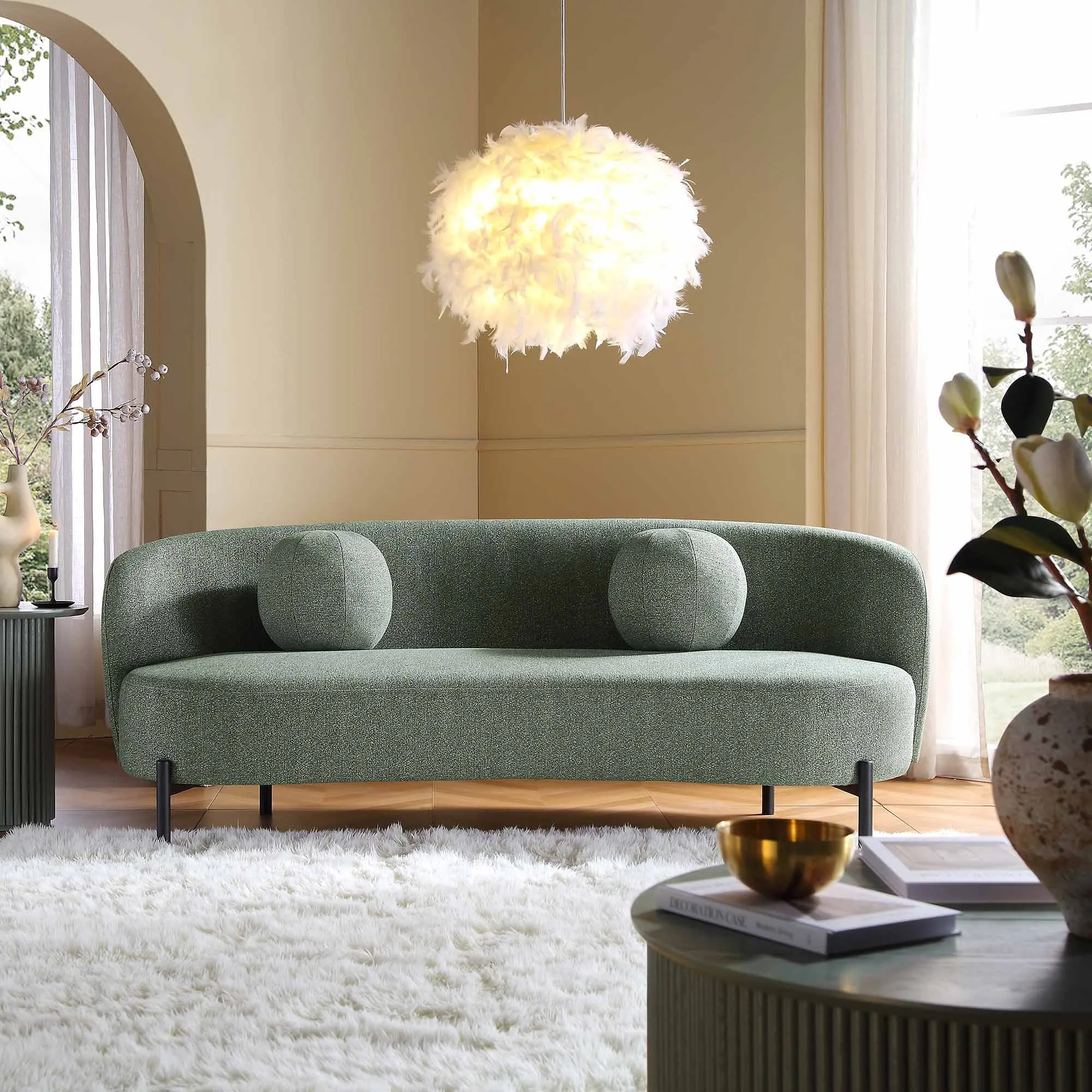 Amboise 3-Seater Curved Sofa with Ball Cushions, Spruce Green Textured Fabric