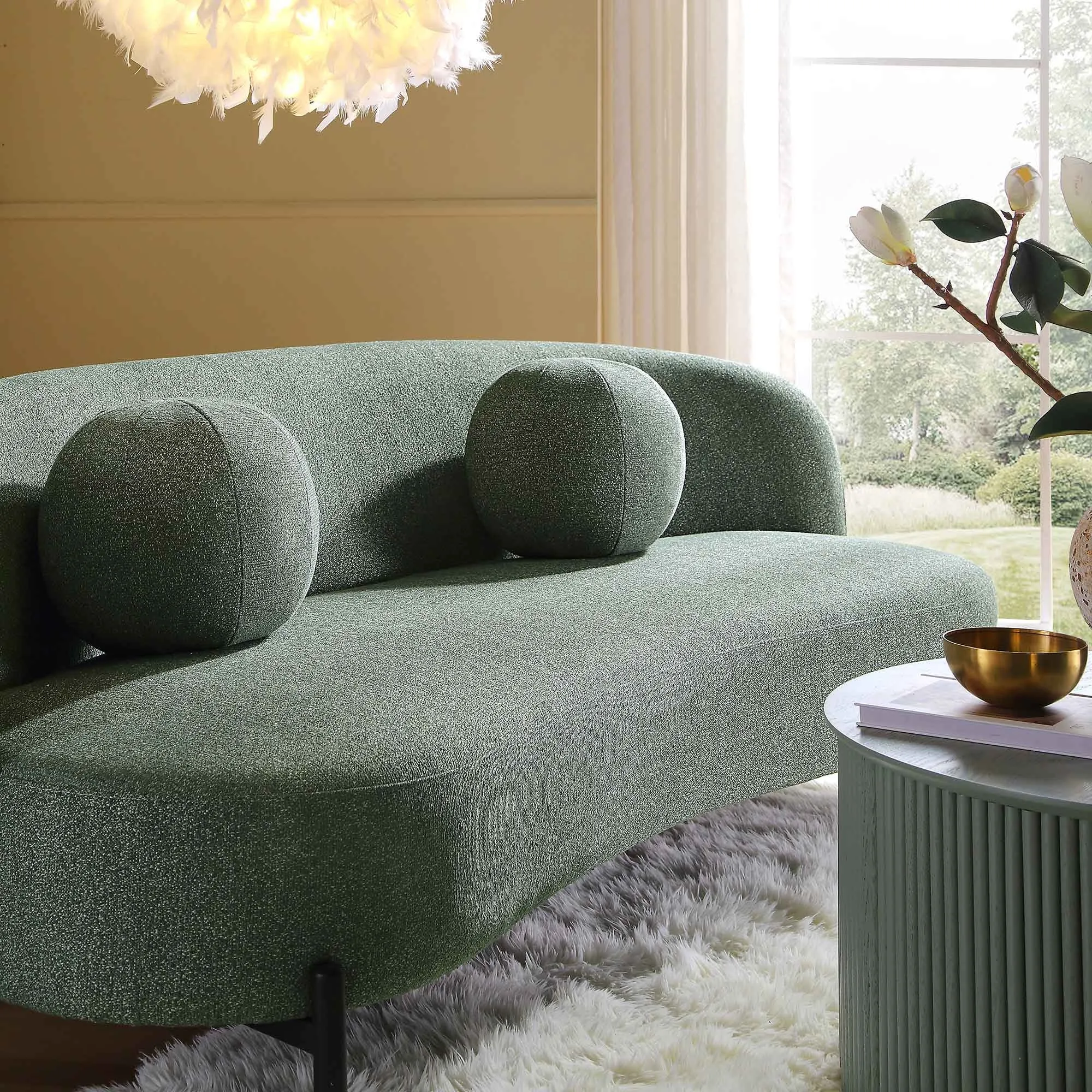 Amboise 3-Seater Curved Sofa with Ball Cushions, Spruce Green Textured Fabric