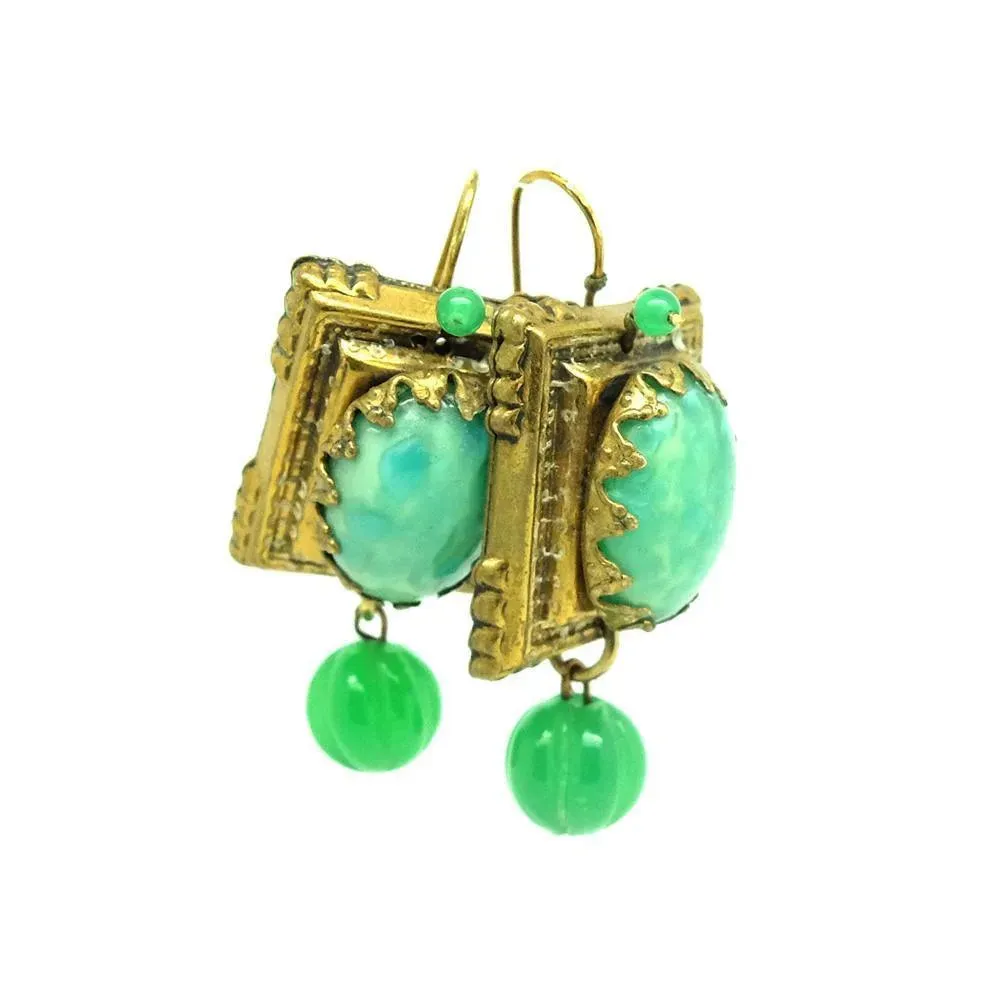 Antique Victorian Brass & Green Glass Ornate Drop Earrings