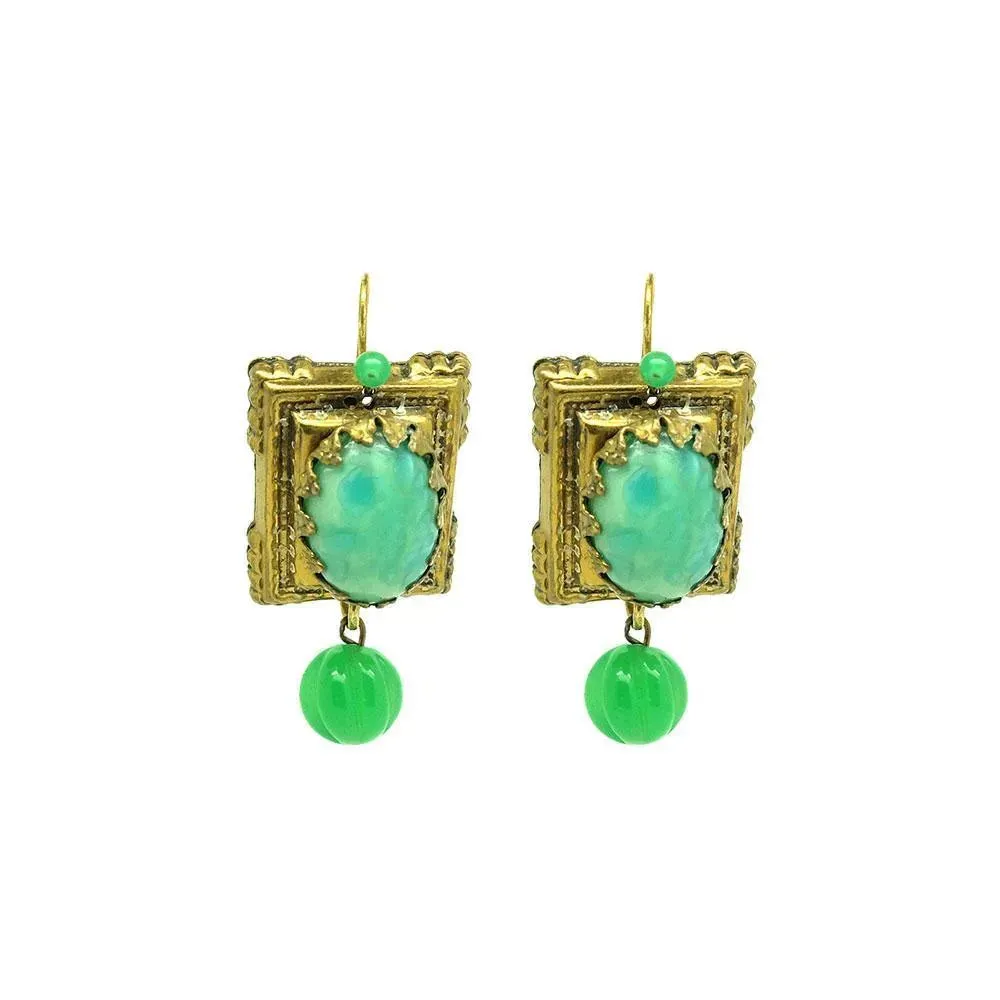 Antique Victorian Brass & Green Glass Ornate Drop Earrings