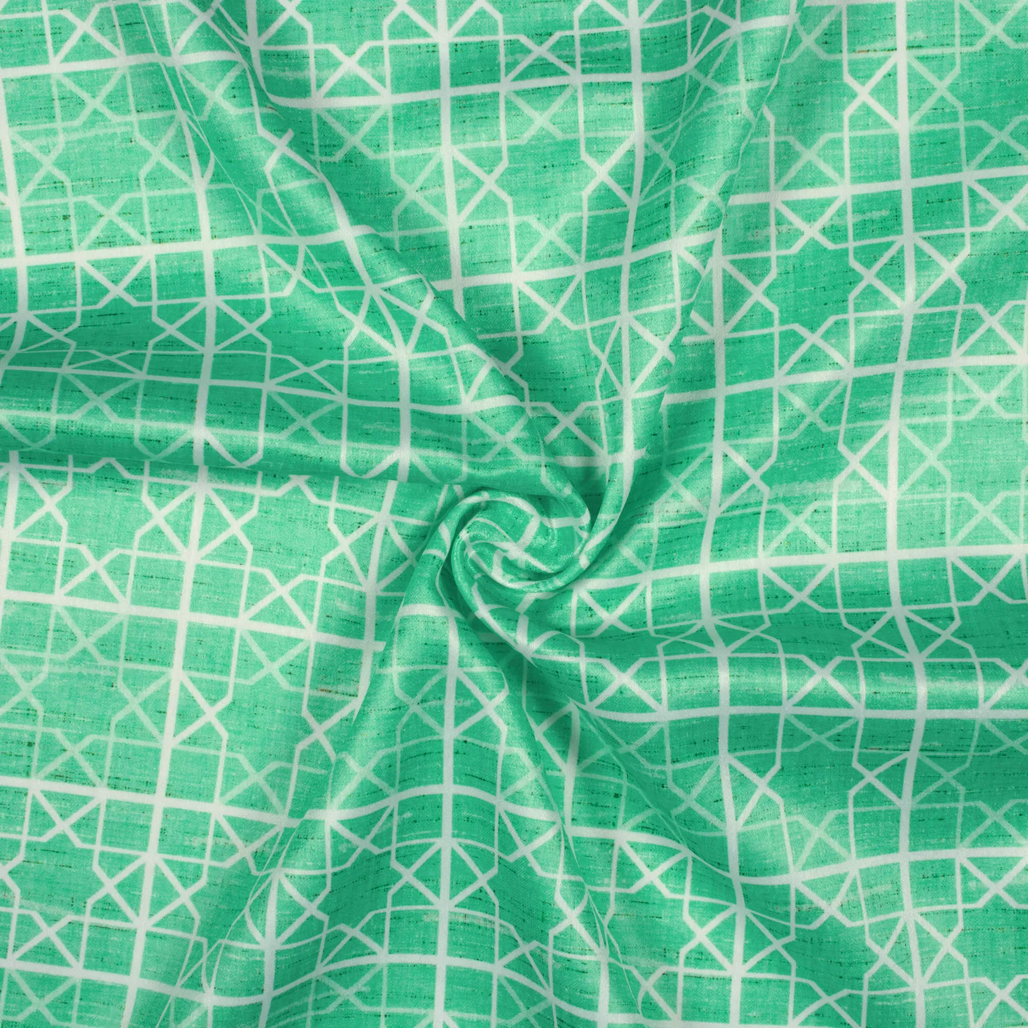 Aquamarine And White Geometric Pattern Digital Print Lush Satin Fabric