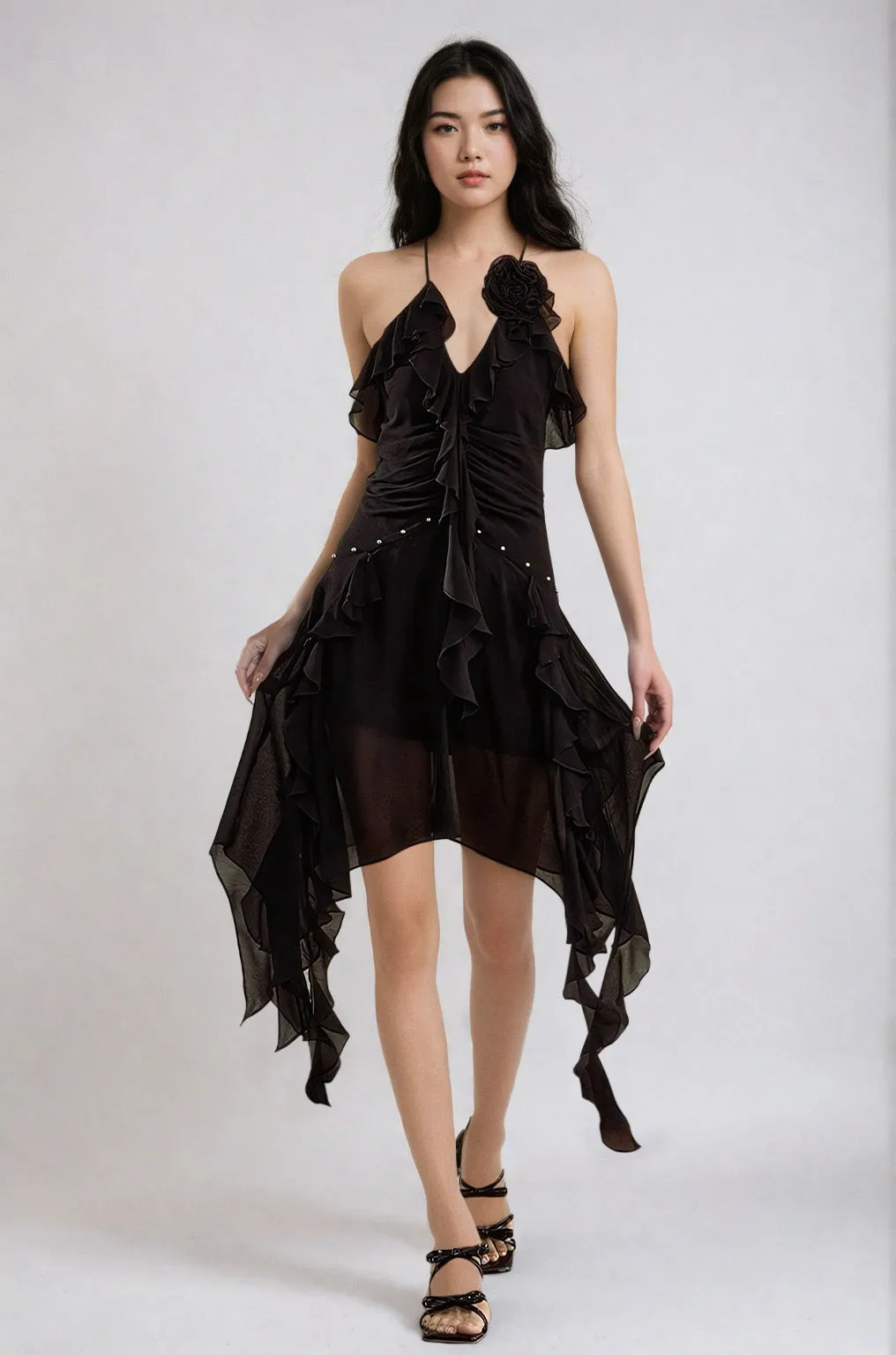 Asymmetric Ruffle Detail Floral Applique Dress