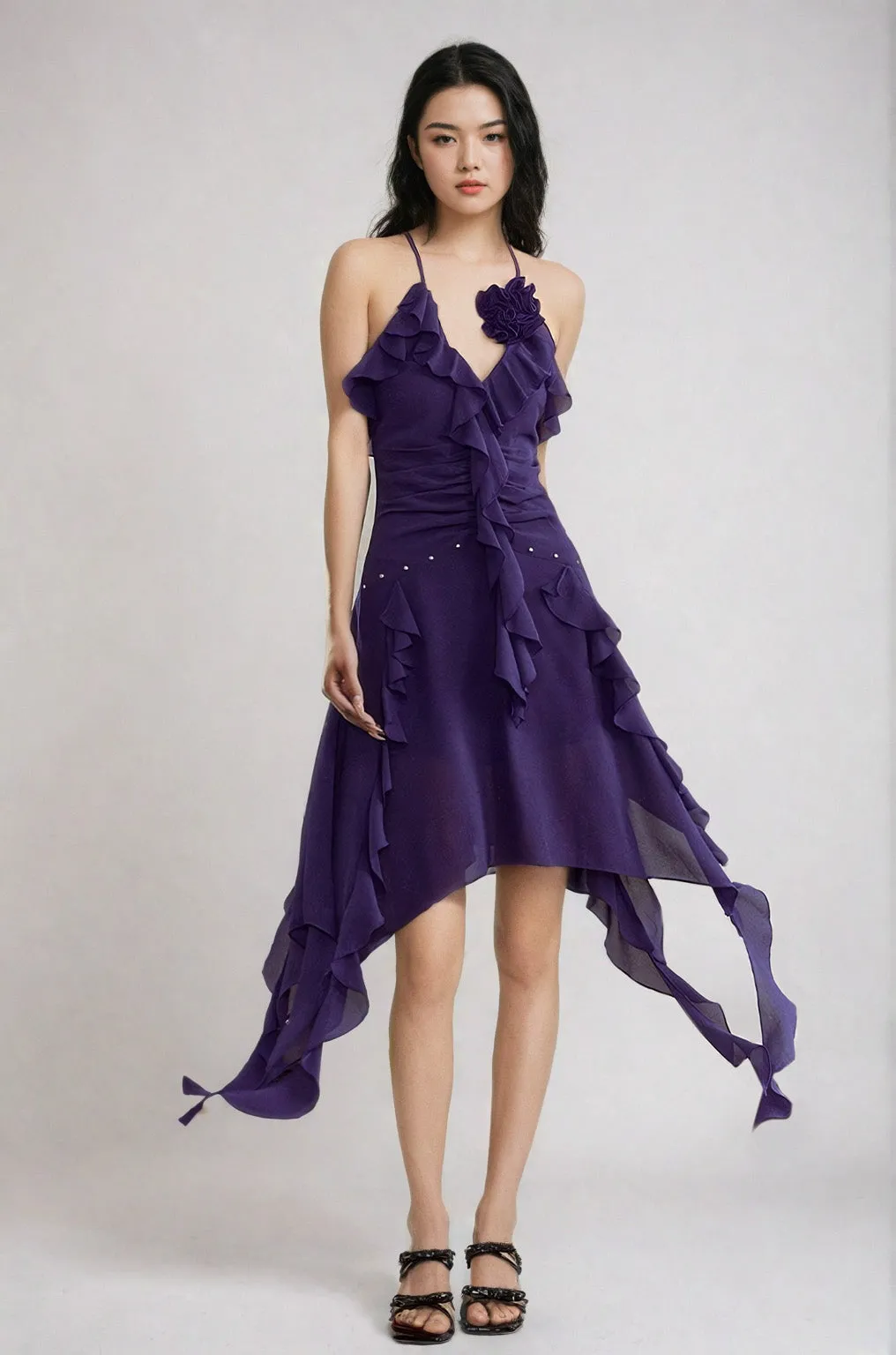 Asymmetric Ruffle Detail Floral Applique Dress