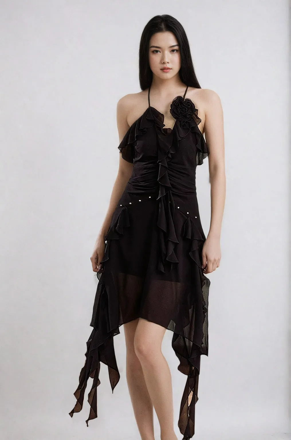 Asymmetric Ruffle Detail Floral Applique Dress