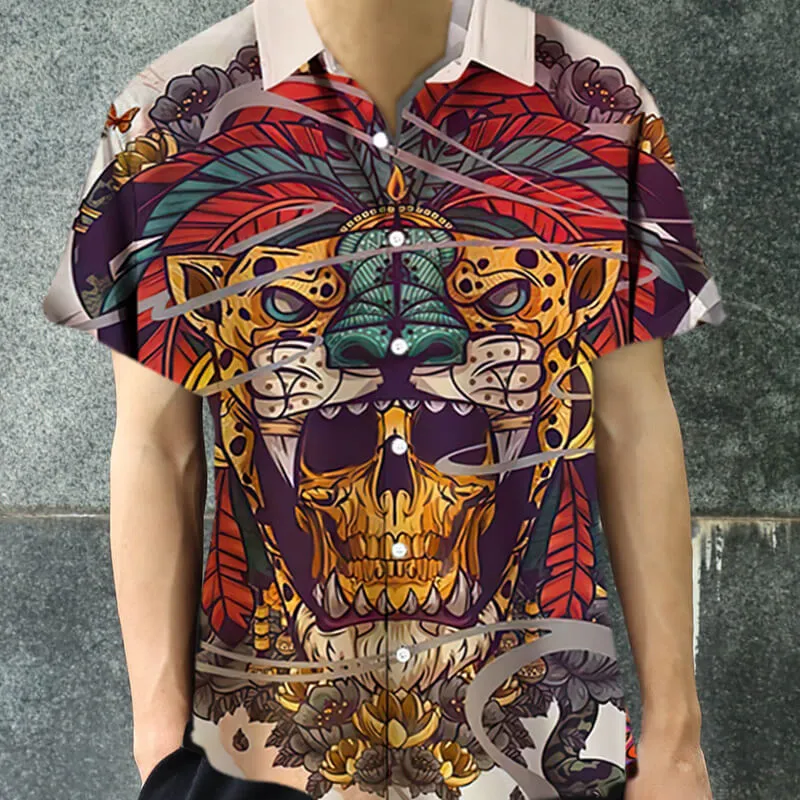 Aztec Jaguar Warrior Skull Polyester Men's Shirt