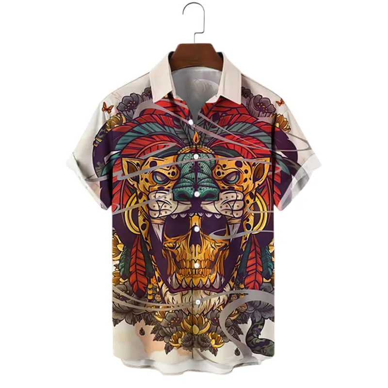 Aztec Jaguar Warrior Skull Polyester Men's Shirt