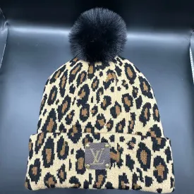 Beige Leopard Pom Beanie Hat