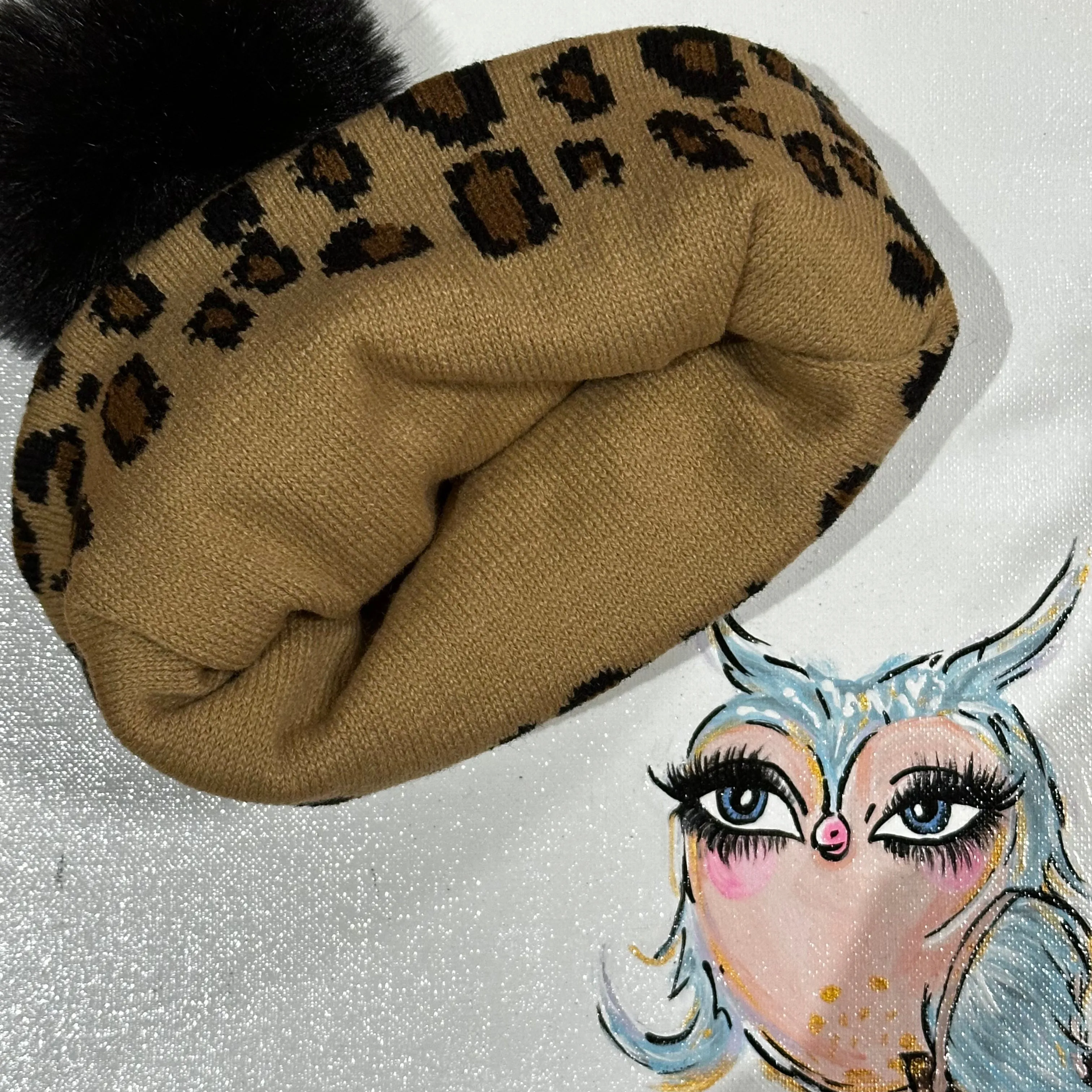 Beige Leopard Pom Beanie Hat