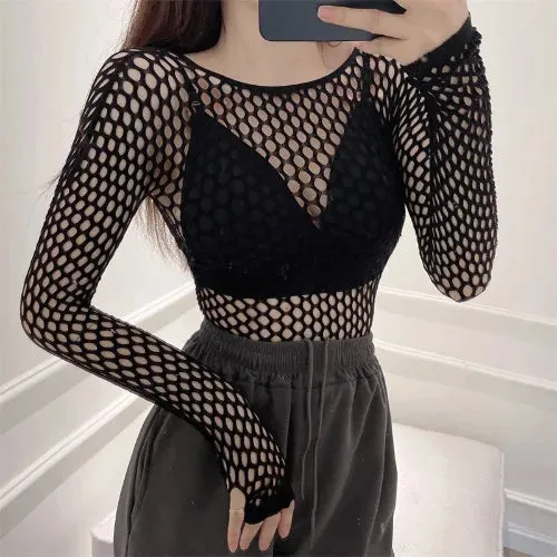 Black Alt Goth Mesh See Through Long Sleeve Top