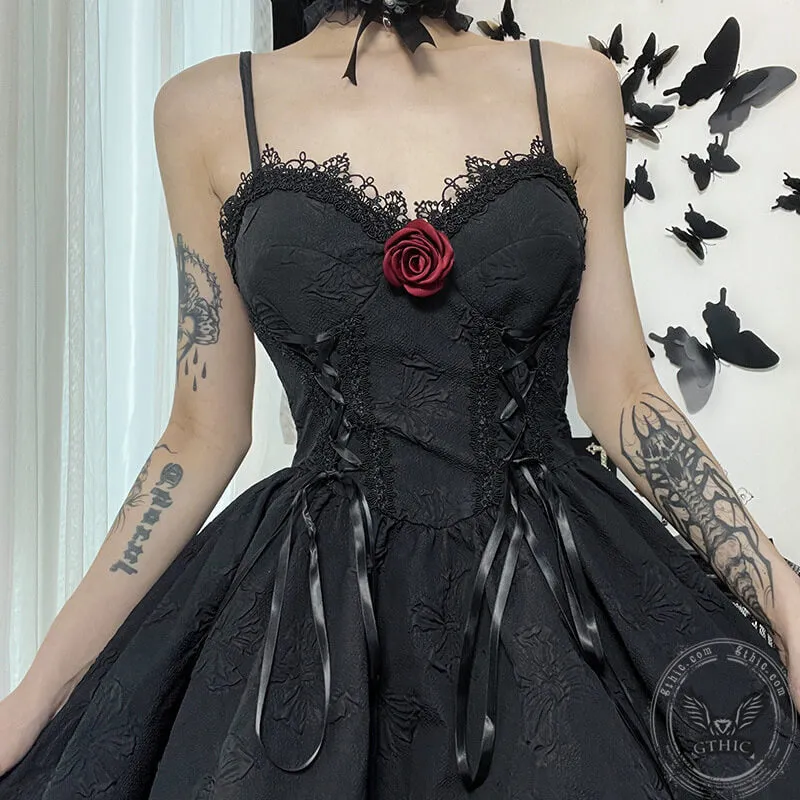 Black Goth Rose Polyester Party Dress