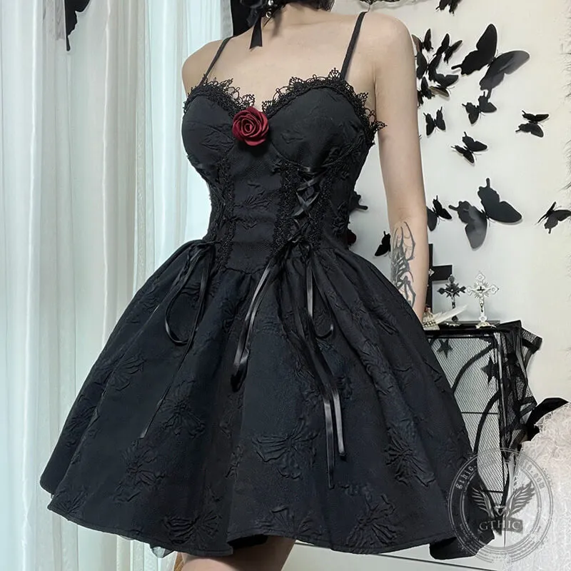 Black Goth Rose Polyester Party Dress