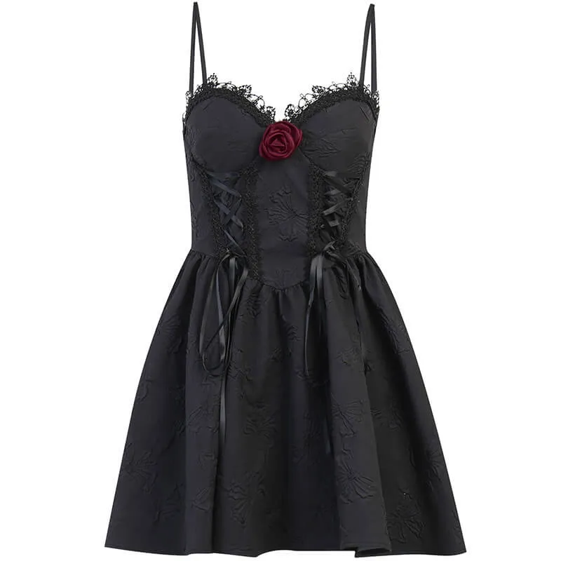 Black Goth Rose Polyester Party Dress