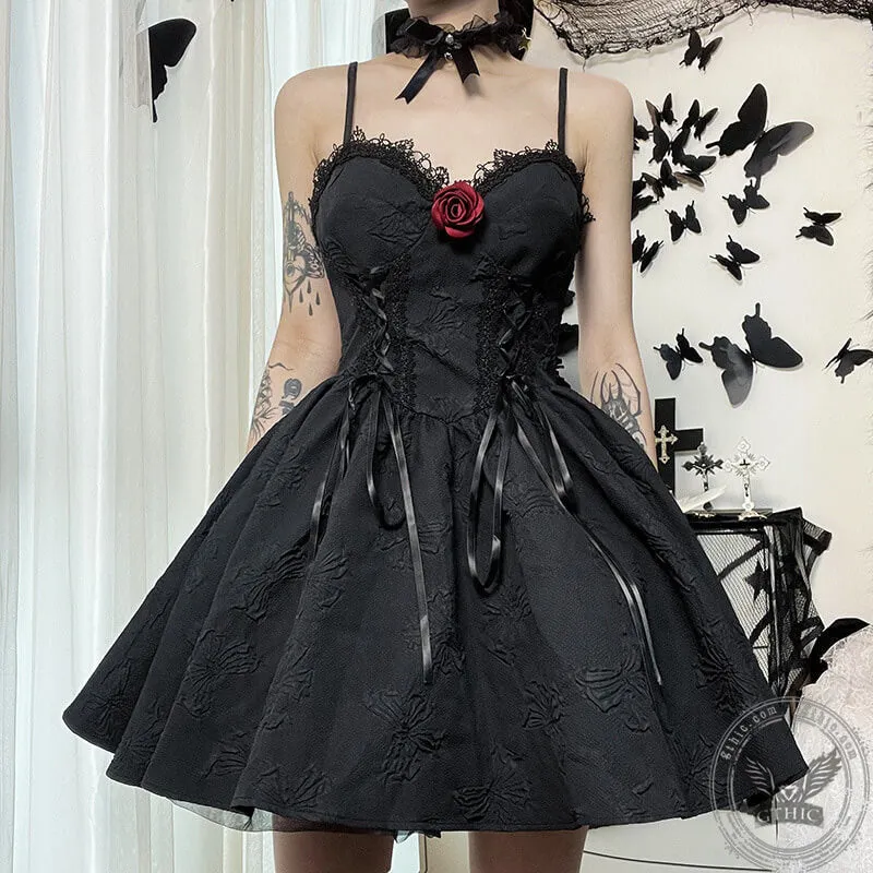 Black Goth Rose Polyester Party Dress