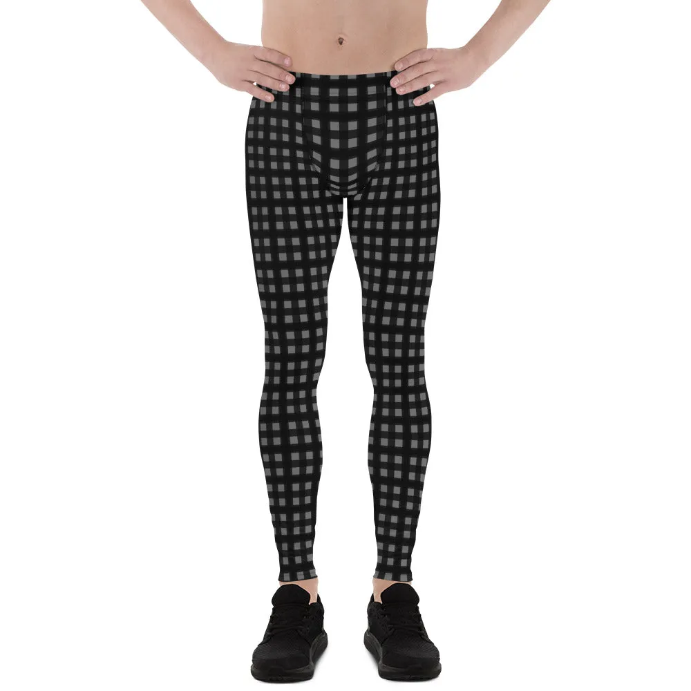 Black Gray Buffalo Meggings, Plaid Print Classic Men's Leggings Tights-Made in USA/EU