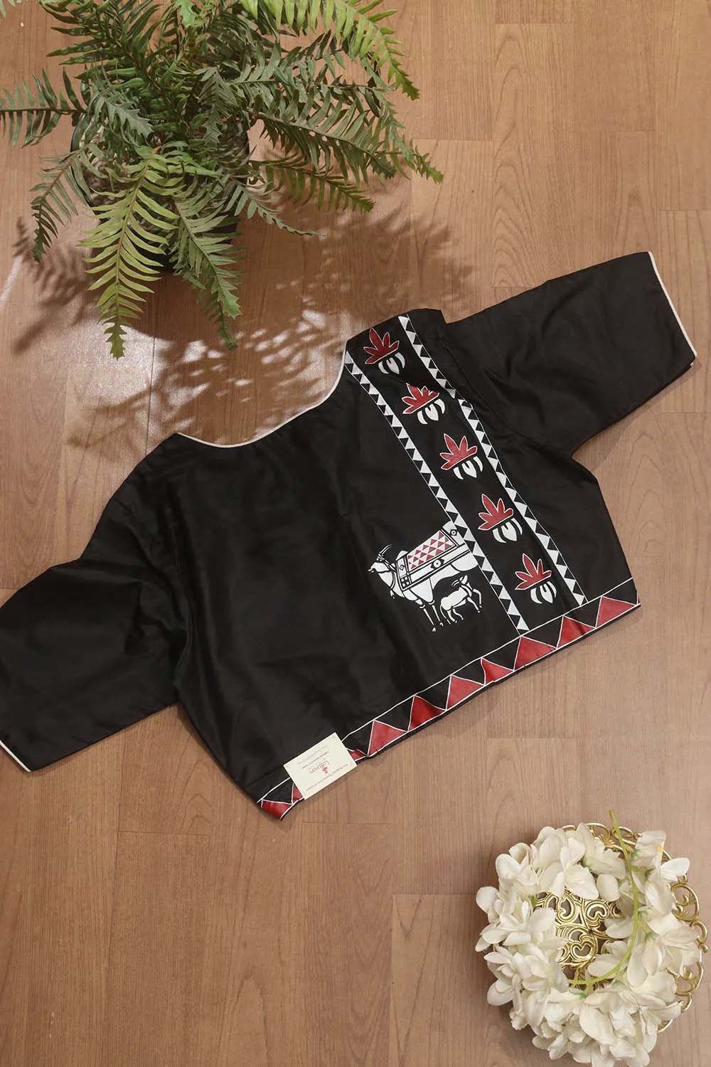 Black Hand Painted Pure Silk Pichwai U Neck Non Padded Stitched Blouse