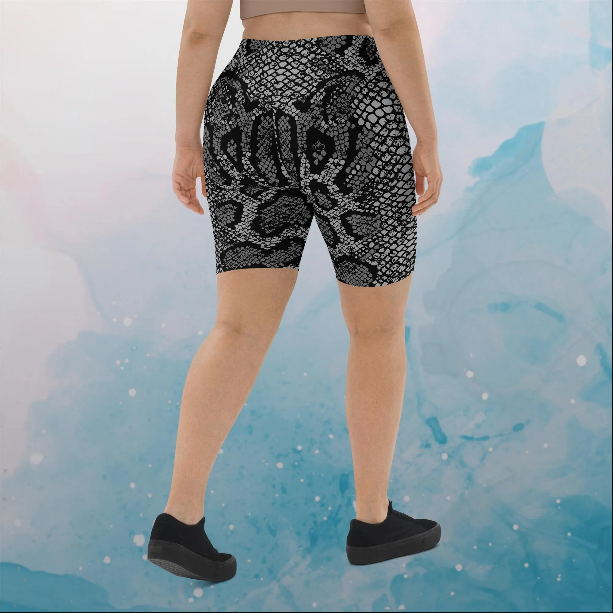 Black Snake Skin Print Womens Yoga Biker Shorts