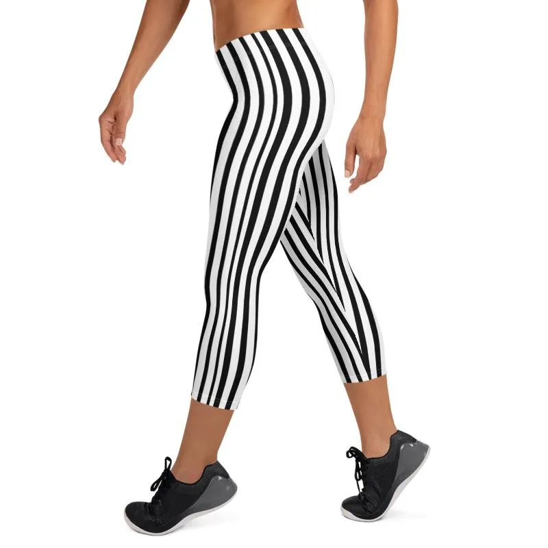 Black Striped Capri Leggings, White Vertical Striped Women's Capris- Made in USA/ EU