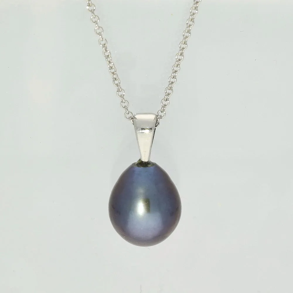 Black Teardrop Freshwater Pearl Silver Pendant - Blue