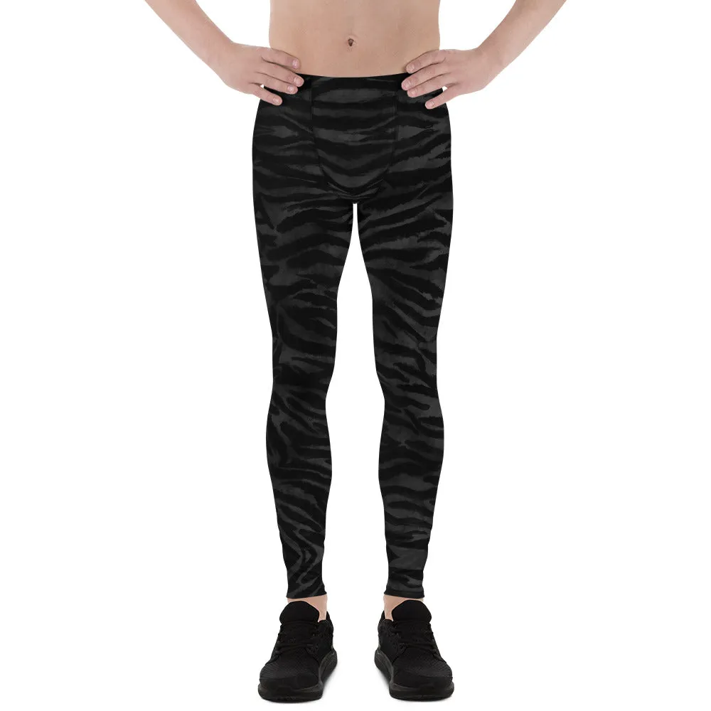 Black Tiger Men's Leggings, Tiger Stripe Animal Print Cool Sporty Meggings-Made in USA/EU