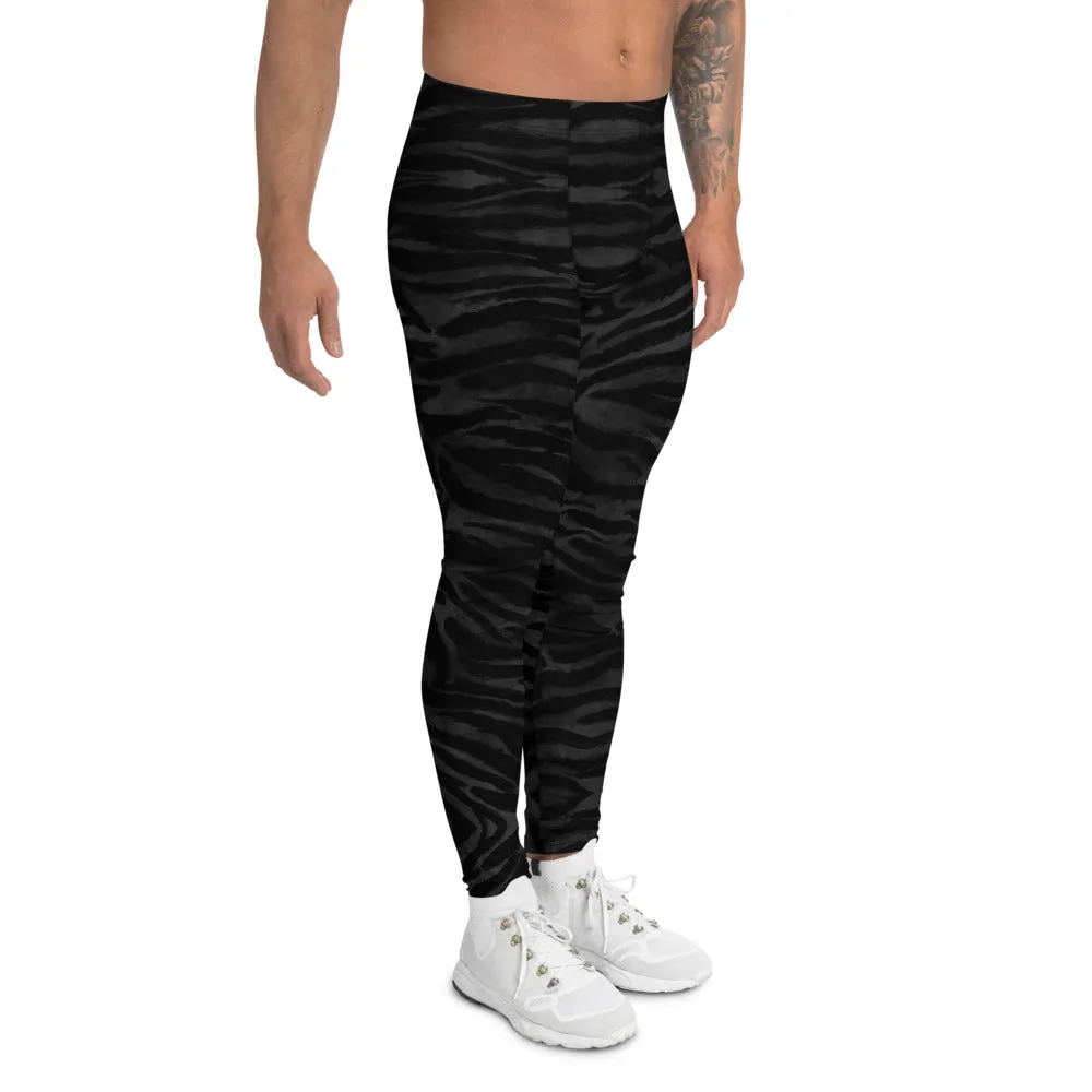 Black Tiger Men's Leggings, Tiger Stripe Animal Print Cool Sporty Meggings-Made in USA/EU