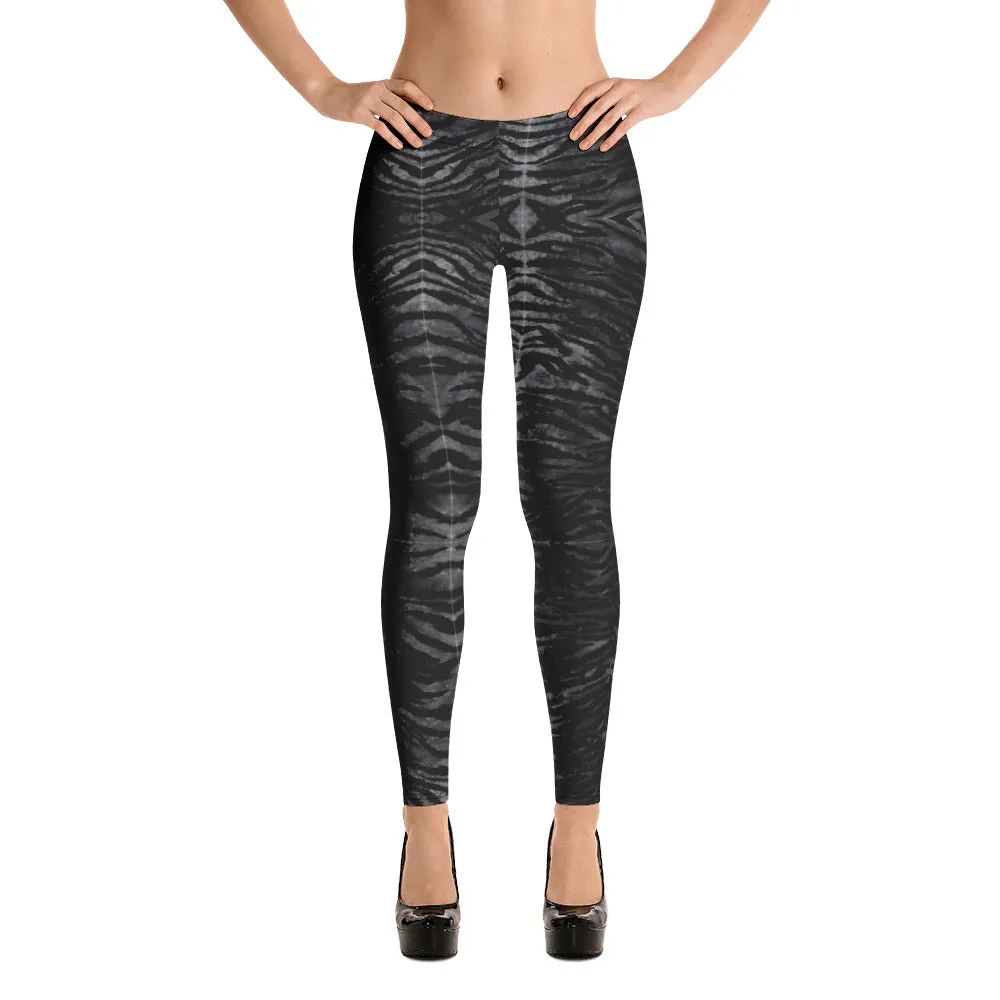 Black Tiger Striped Casual Leggings, Animal Print Premium Quality Women's Tights - Made in USA/EU