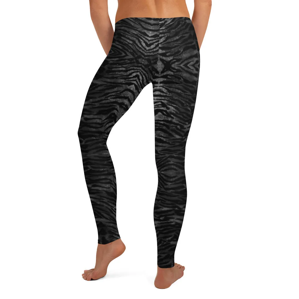 Black Tiger Striped Casual Leggings, Animal Print Premium Quality Women's Tights - Made in USA/EU