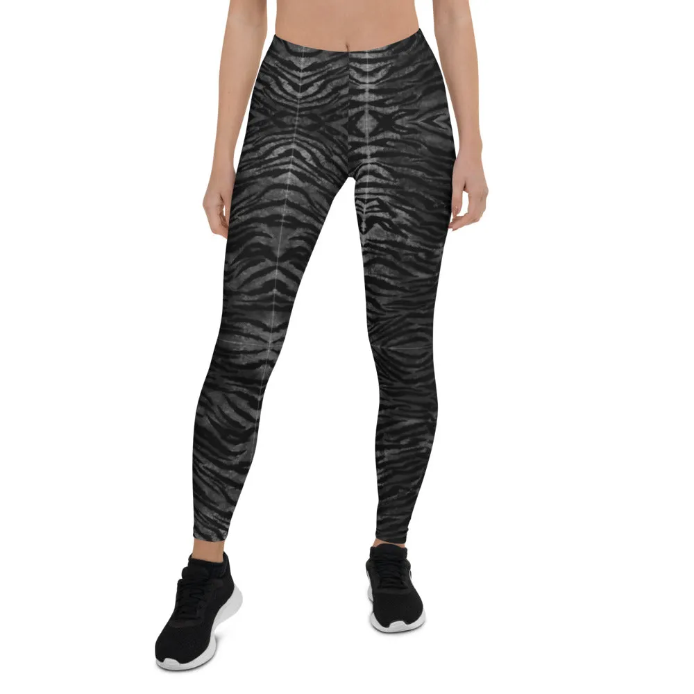 Black Tiger Striped Casual Leggings, Animal Print Premium Quality Women's Tights - Made in USA/EU