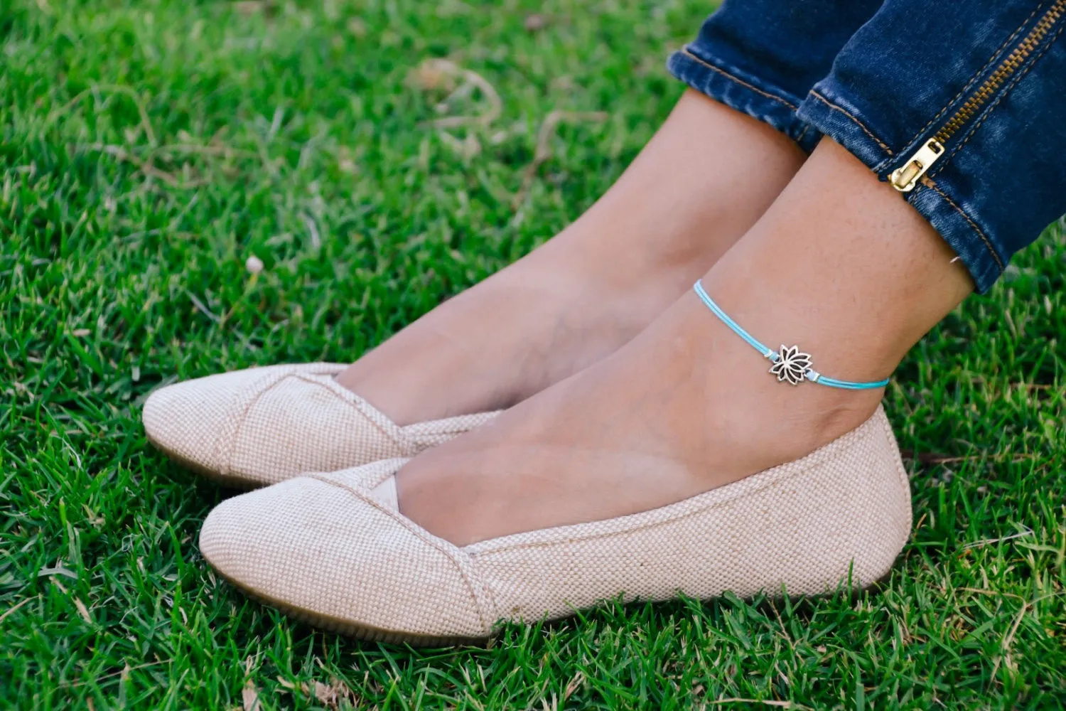 Blue ankle bracelet with silver lotus charm, yoga gift for her, preppy jewelry