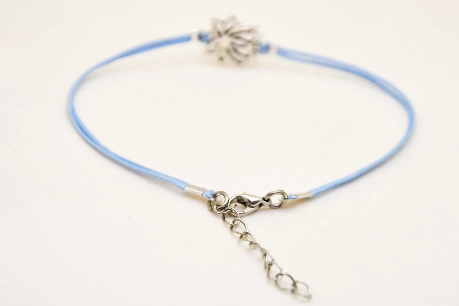 Blue ankle bracelet with silver lotus charm, yoga gift for her, preppy jewelry