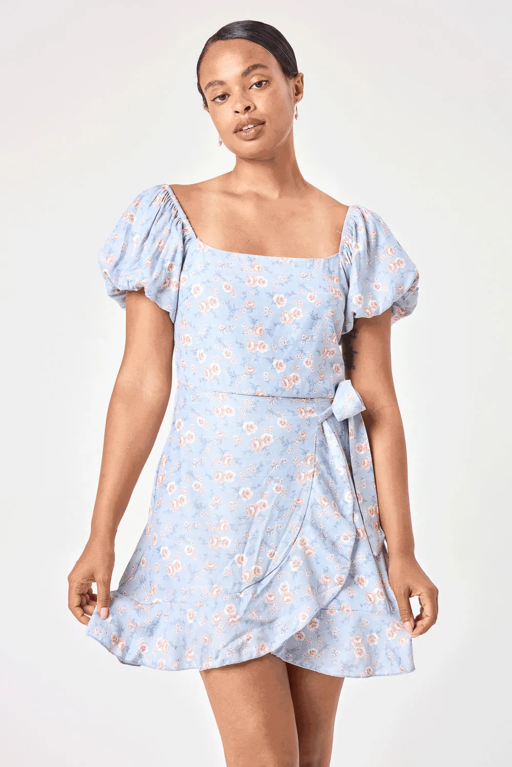 Blue Floral Puff Sleeve Wrap Dress