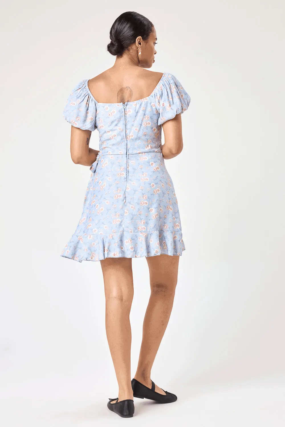 Blue Floral Puff Sleeve Wrap Dress