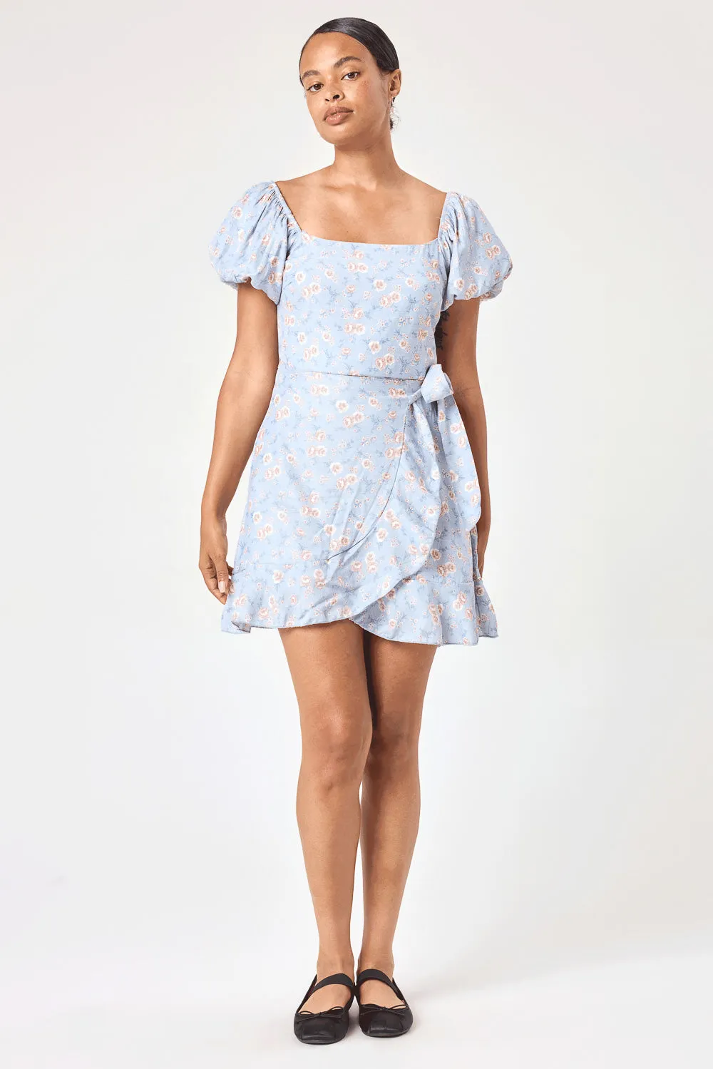 Blue Floral Puff Sleeve Wrap Dress