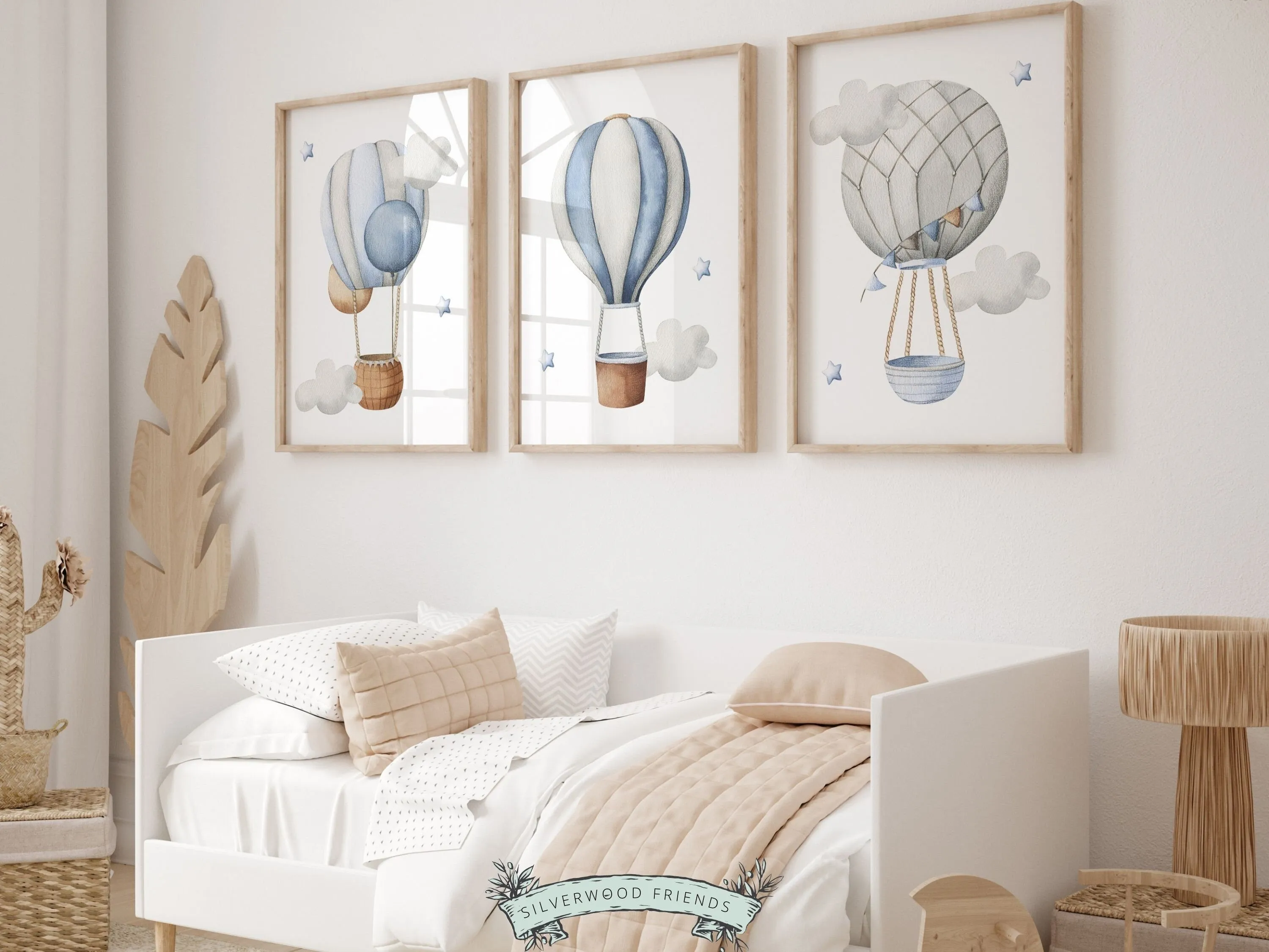 Blue Hot Air Balloon Nursery Prints - Set of 3