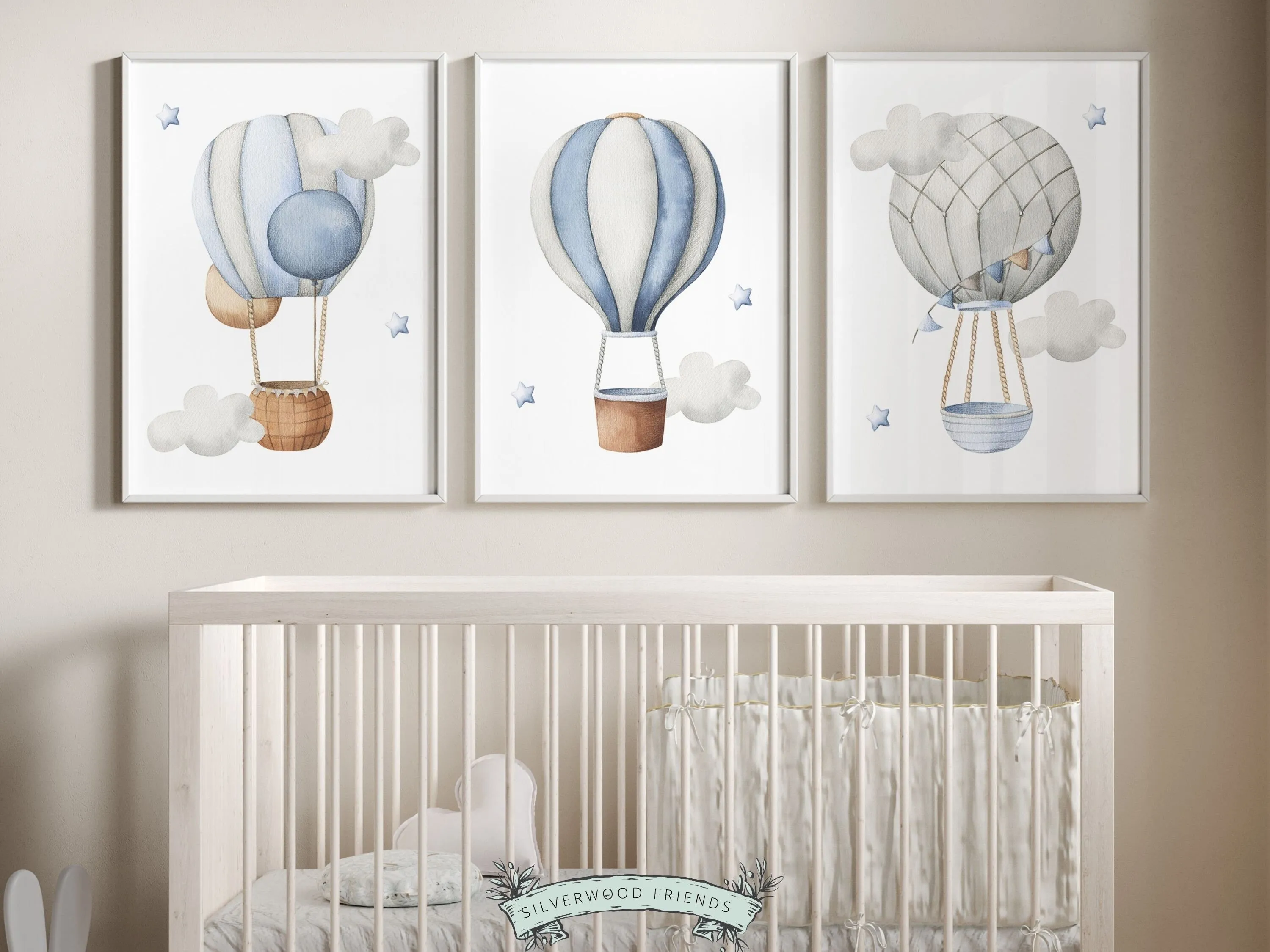 Blue Hot Air Balloon Nursery Prints - Set of 3