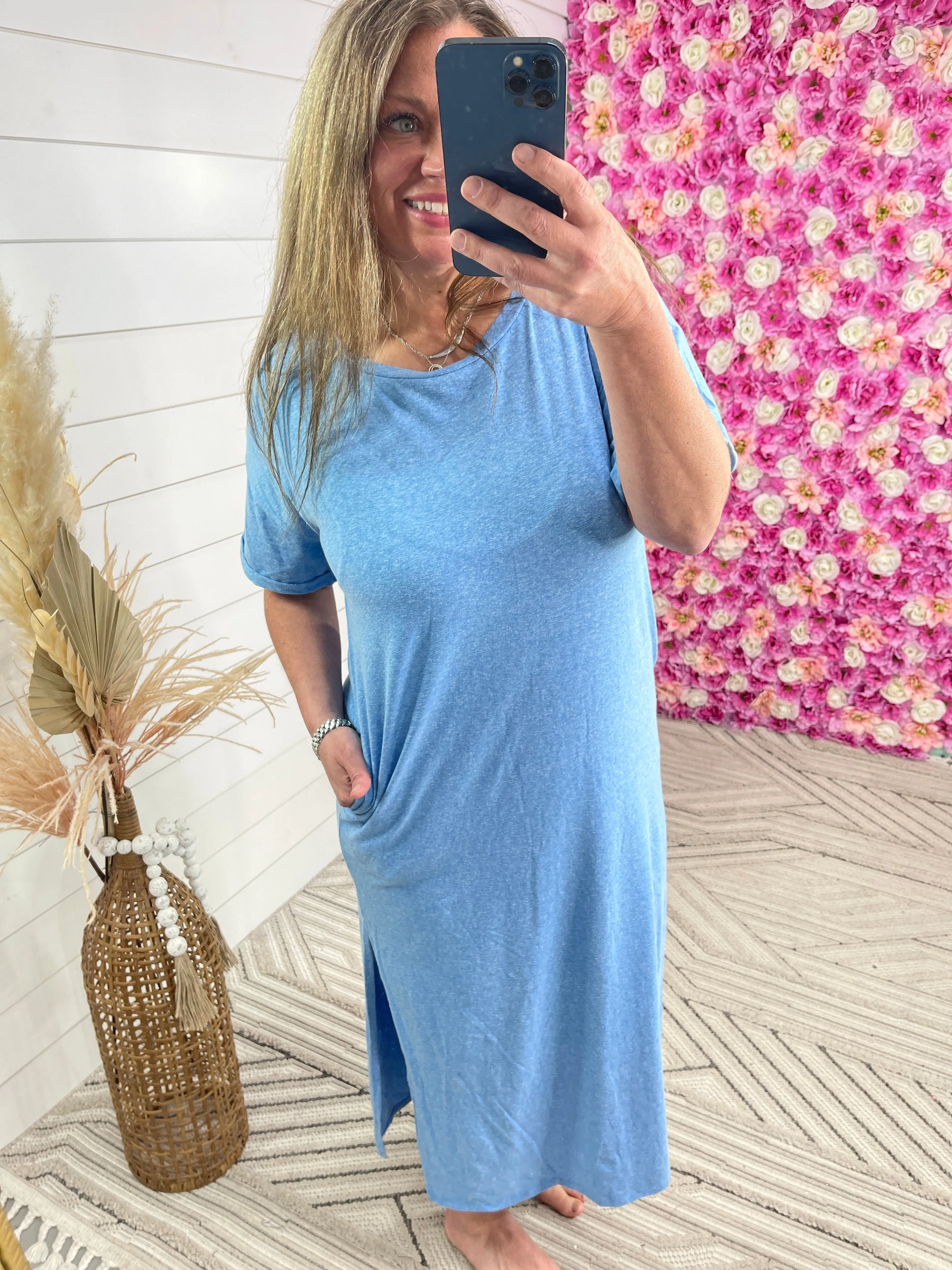 BLUE SCOOP NECK T SHIRT DRESS