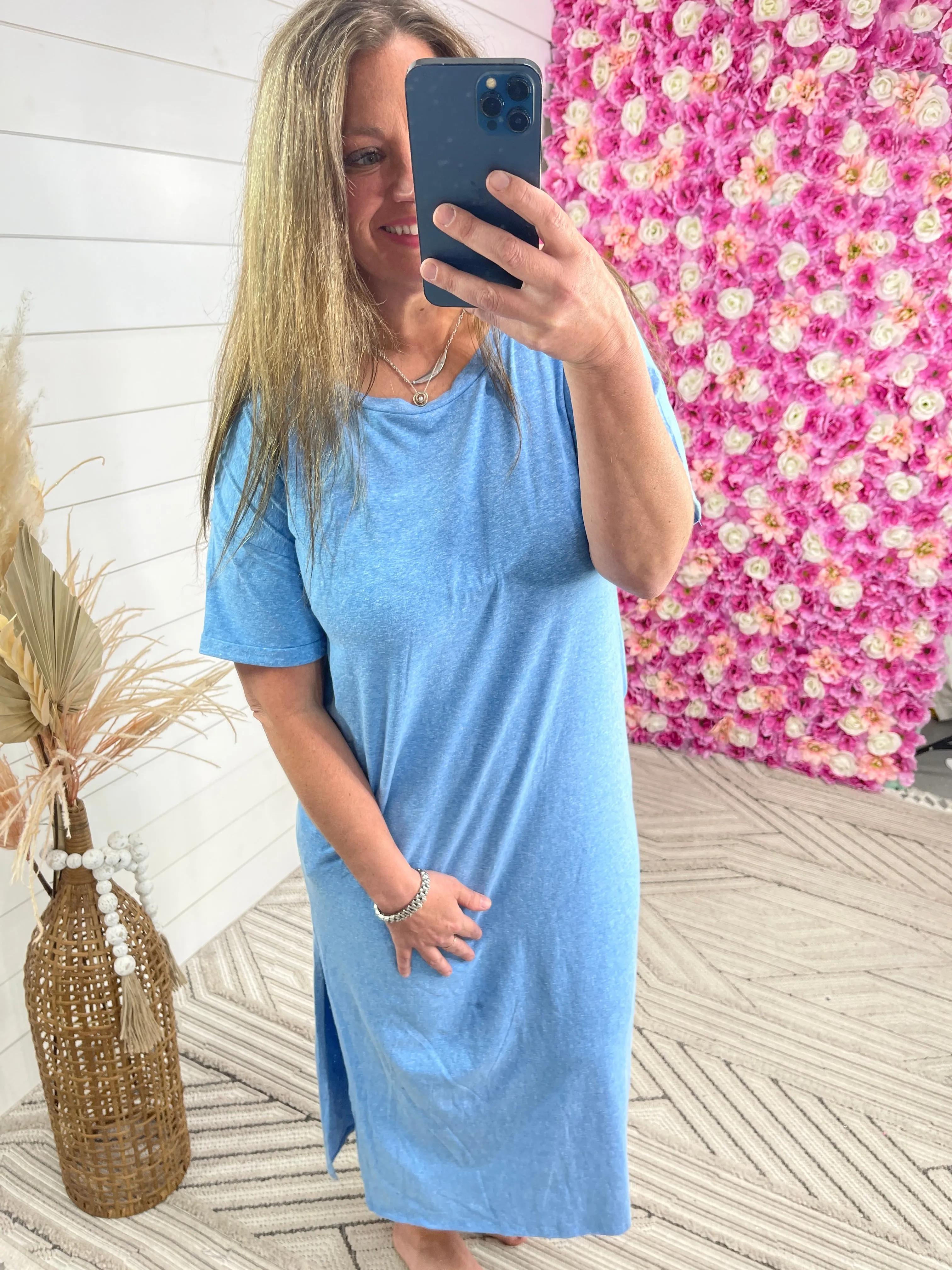 BLUE SCOOP NECK T SHIRT DRESS